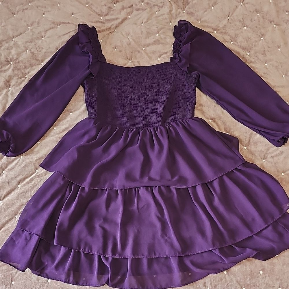 Women's Smocked Bodice Ruffle Mini Dress Square Neck Long Sleeve, Size L - Picture 3 of 6